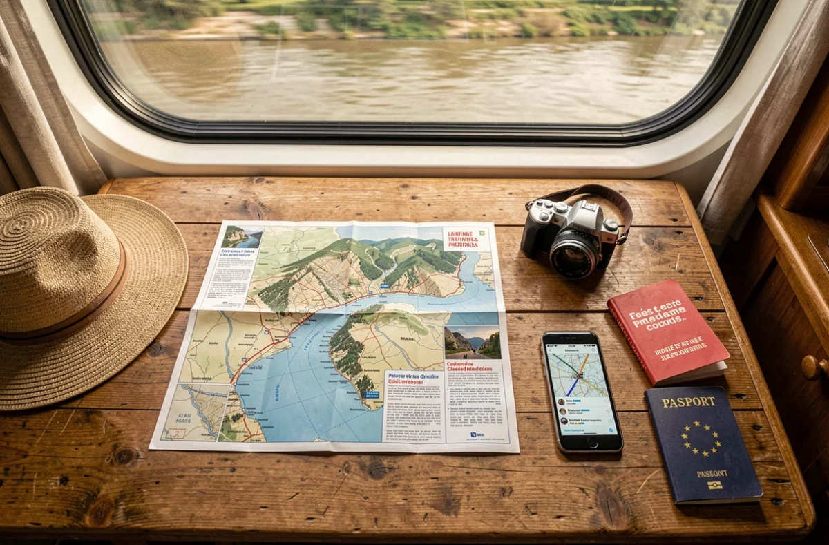 Accessoires et essentiels à emporter pour une croisière fluviale au départ d'Avignon posés sur une table de cabine