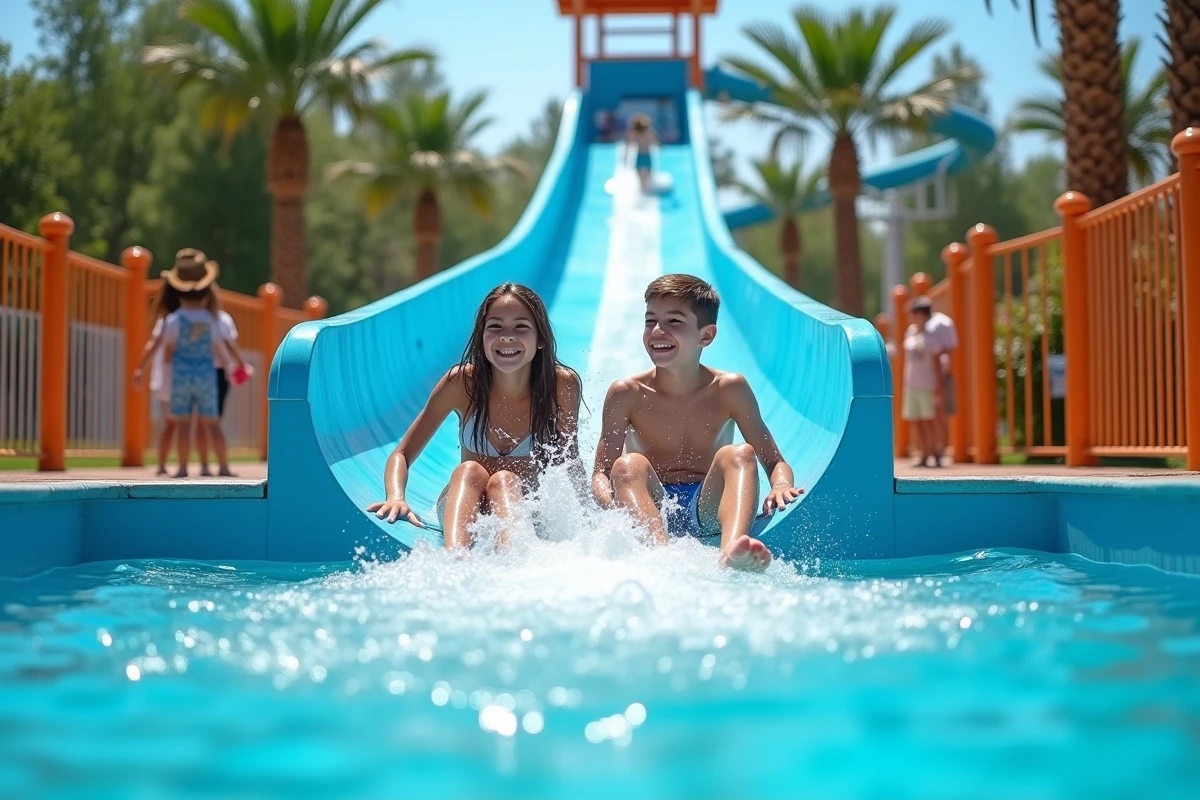 Adolescents descendant un toboggan aquatique dans le parc de loisirs d'un camping chaîne