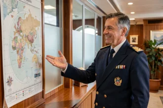 Agent de croisière en uniforme expliquant un itinéraire en italien à bord d'un paquebot de luxe
