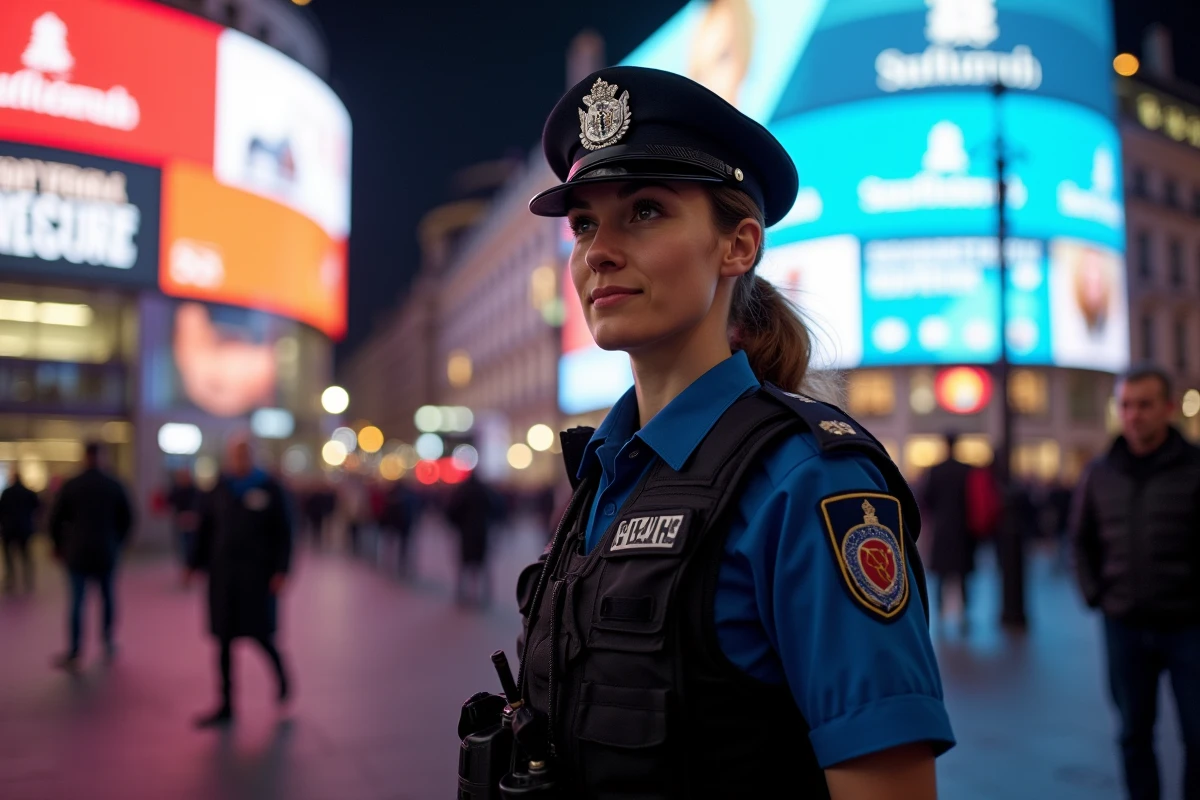 Agent de sécurité surveillant la foule à Piccadilly