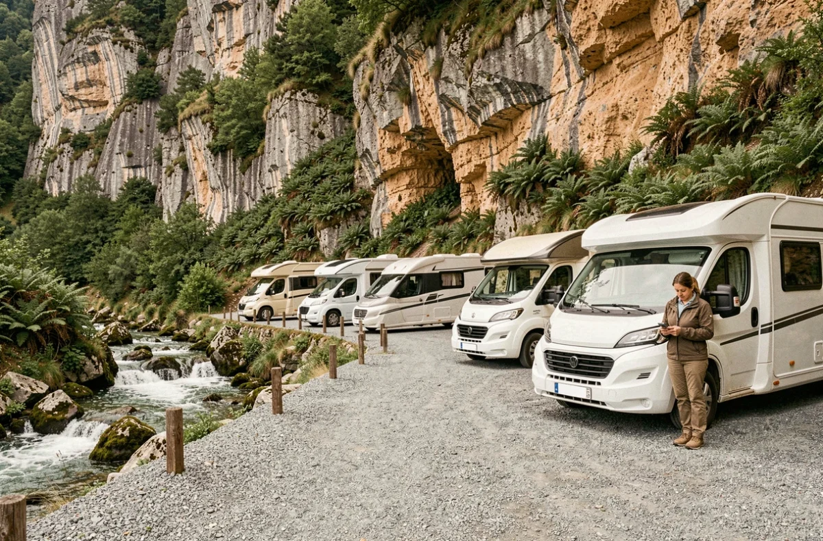 Aire de stationnement pour camping-cars au bord d'un torrent près de la cascade du Hérisson dans le massif du Jura