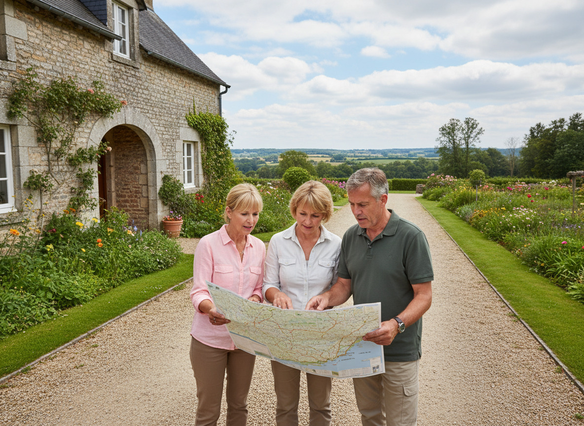 Trois amis évaluant un gîte en campagne avec des cartes