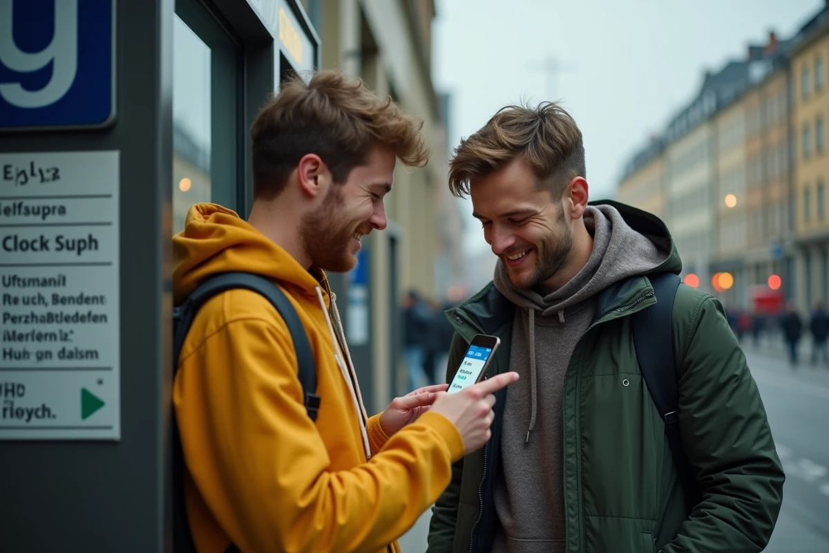 Deux amis devant une entrée de station U-Bahn à Berlin consultant ensemble une application de navigation mobile