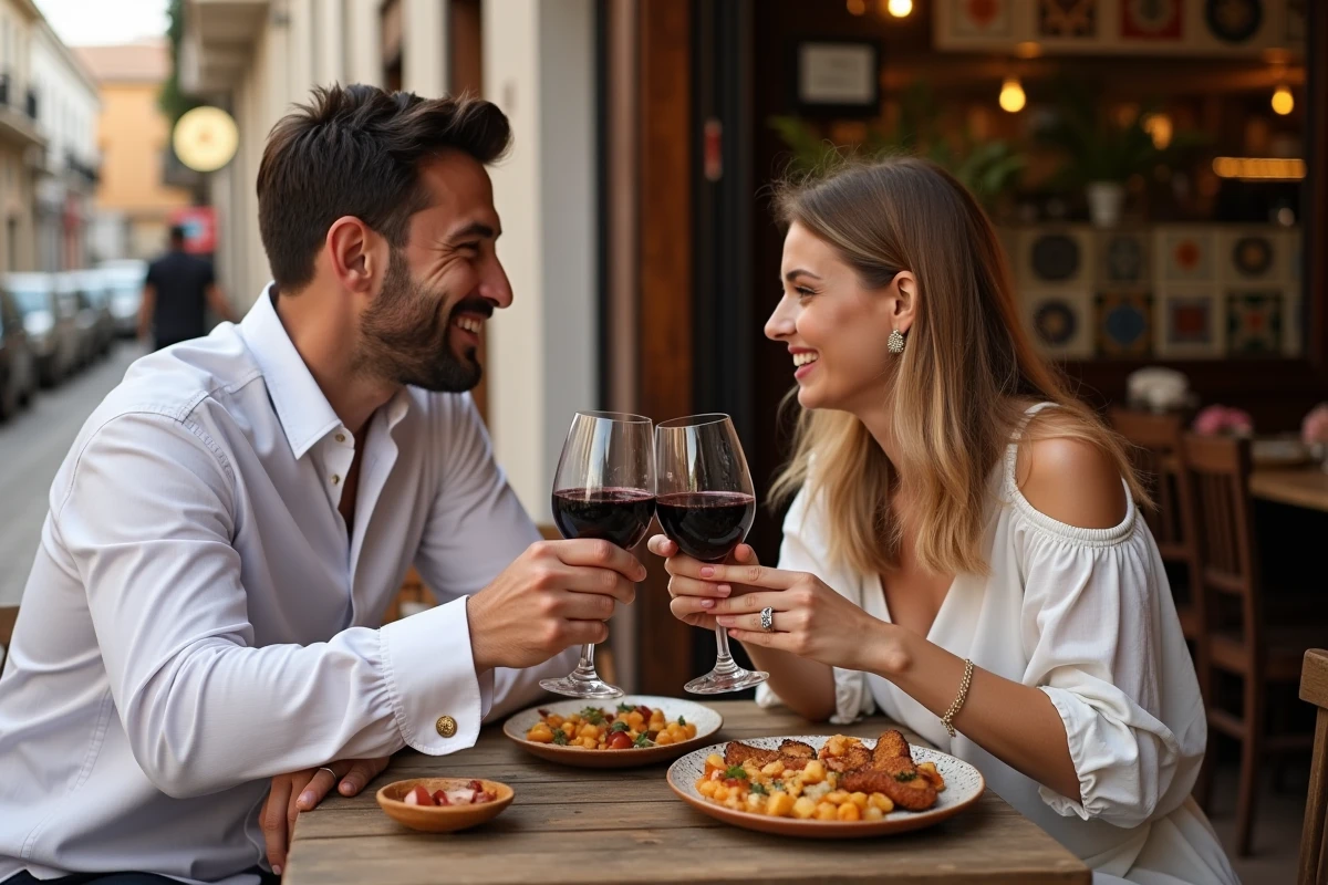Amis trinquant avec vin dans un bar à Malaga