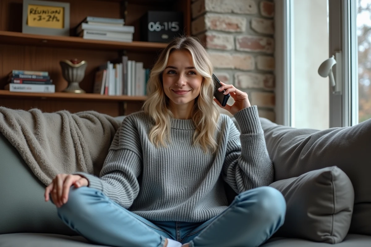 Jeune femme à Paris qui appelle La Réunion tôt le matin en tenant compte du décalage horaire