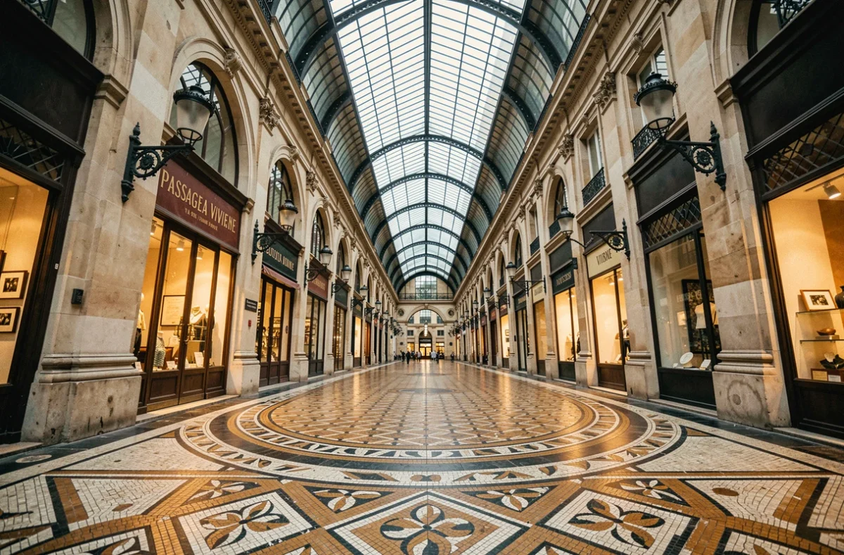 Vue architecturale grand angle du passage Vivienne à Paris, mettant en valeur la verrière en fer forgé et le sol en mosaïque classique