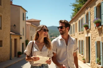 Couple en balade dans les ruelles en pierre dorée du village perché de Gordes dans le Vaucluse lors d'un premier séjour en Provence