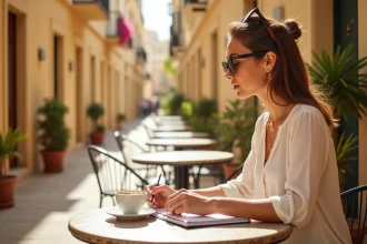Femme consultant un carnet de budget voyage en terrasse de café à La Valette, Malte, avec les bâtiments en calcaire baroque en arrière-plan