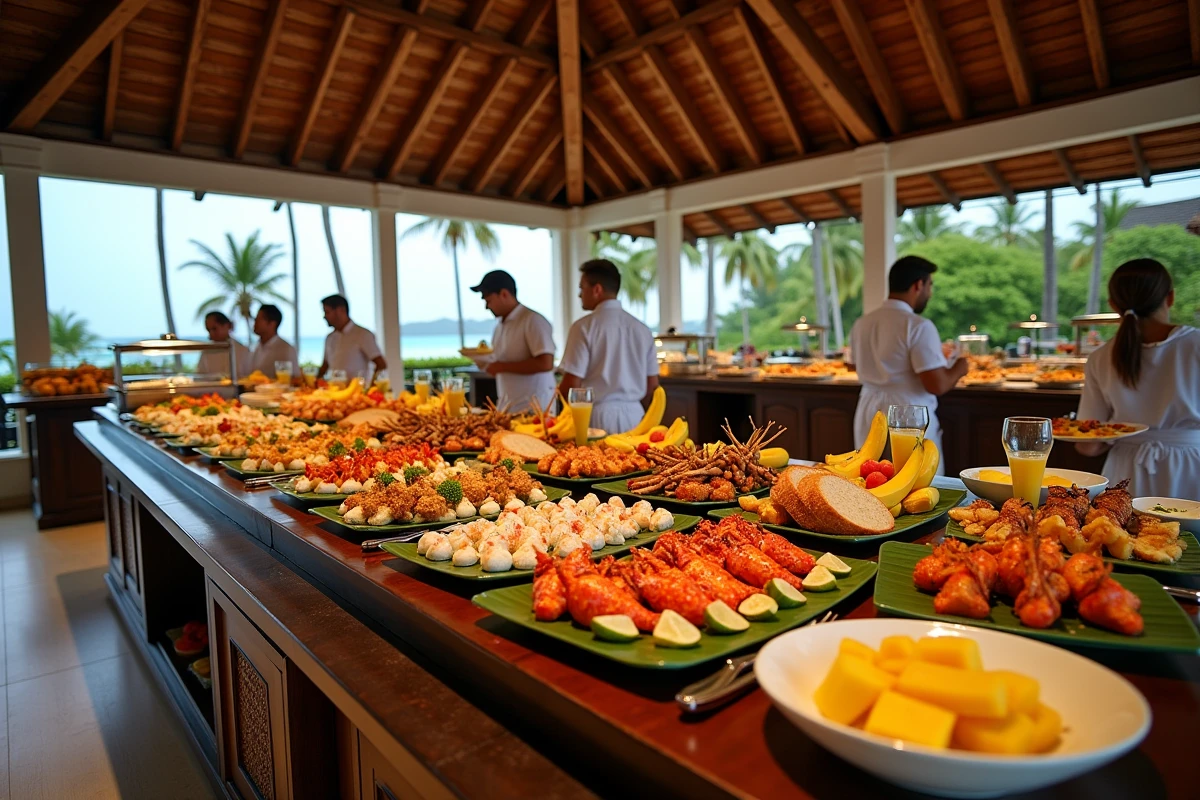 Buffet gastronomique tout compris d'un hôtel 5 étoiles en Guadeloupe avec spécialités créoles et fruits tropicaux