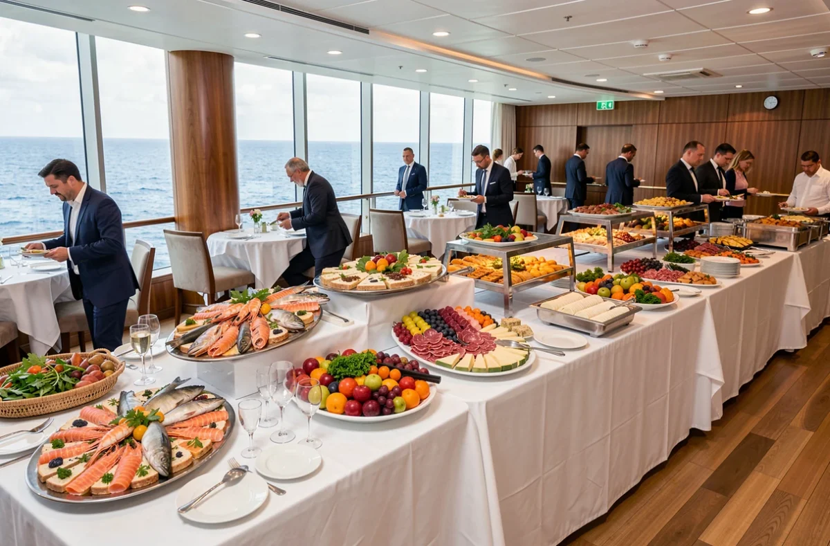 Buffet tout inclus d'une croisière méditerranéenne avec fruits de mer et spécialités locales dans une salle de restaurant avec vue sur la mer