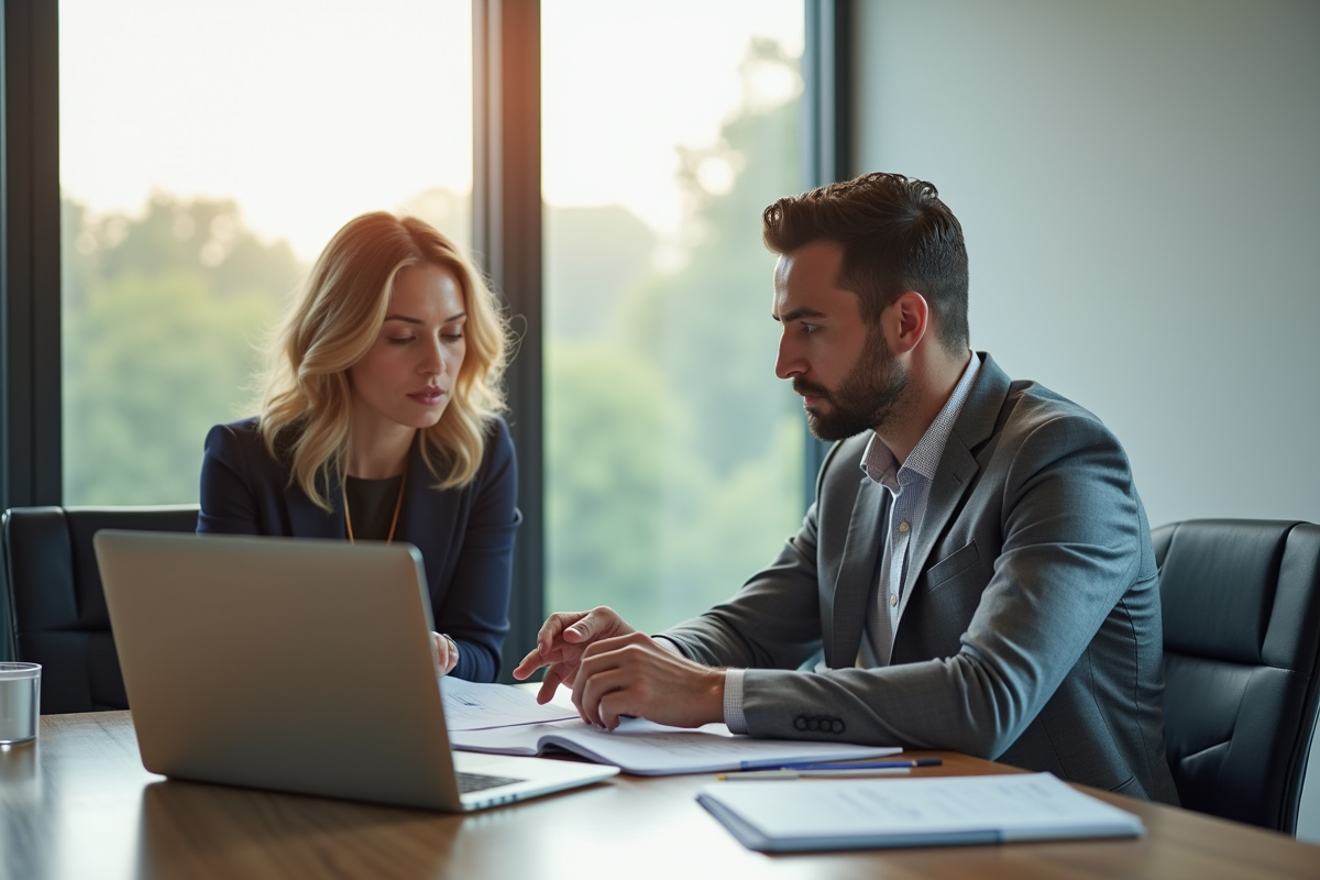 Deux professionnels en réunion dans un bureau moderne pour un article sur le voyage d'affaires