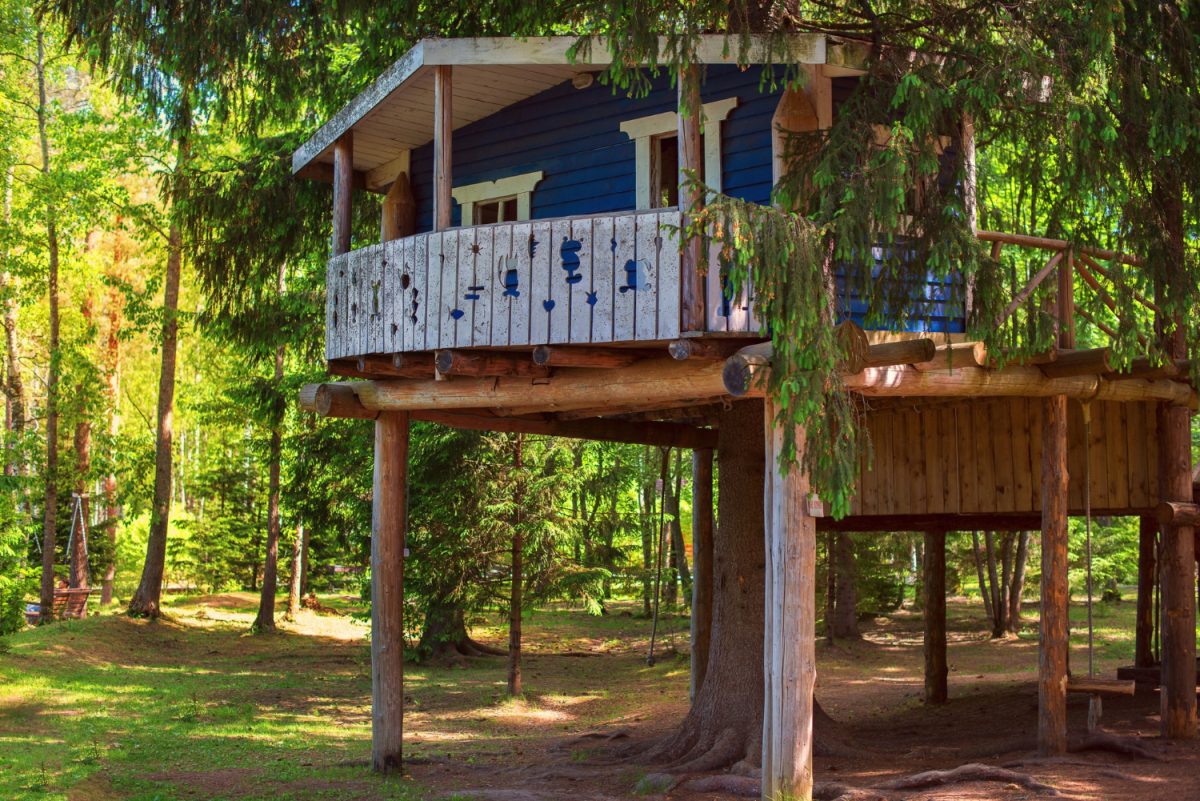 Cabane bleue pour enfants en forêt Aire de jeux écologique joyeux été à la campagne