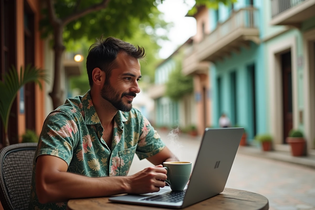 Homme en terrasse à La Réunion consultant un site d'horloge mondiale sur son ordinateur portable