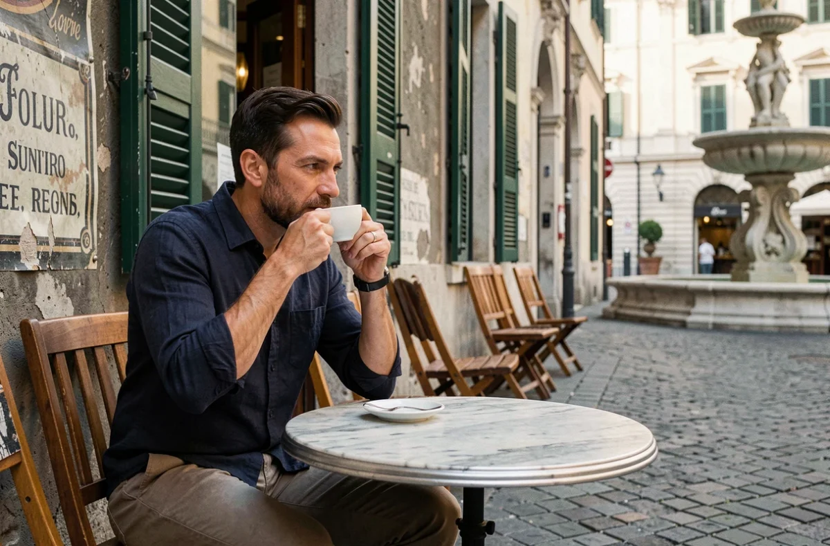 Homme savourant un espresso en terrasse d'un café romain historique face à une piazza vide, atmosphère matinale authentique sans foule