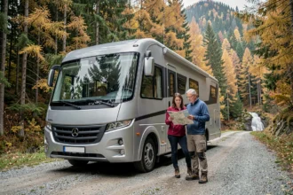 Camping-car stationné en forêt près de la cascade du Hérisson dans le Jura en automne avec couple de randonneurs