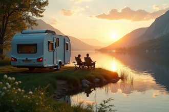 Caravane moderne au bord d'un lac au lever du soleil avec nature