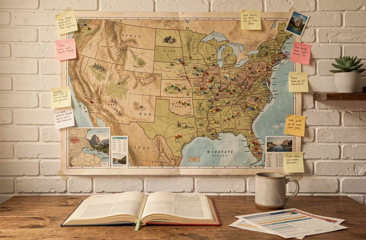 Carte murale des États-Unis avec épingles de villes et parcs nationaux dans un espace de planification de voyage