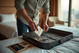 Homme rangeant une cartouche de cigarettes dans une valise avec passeport et carte d'embarquement visibles