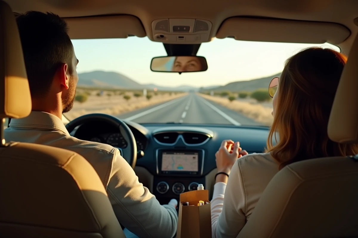 Couple en voiture sur une autoroute espagnole avec une cartouche de cigarettes dans un sac duty-free