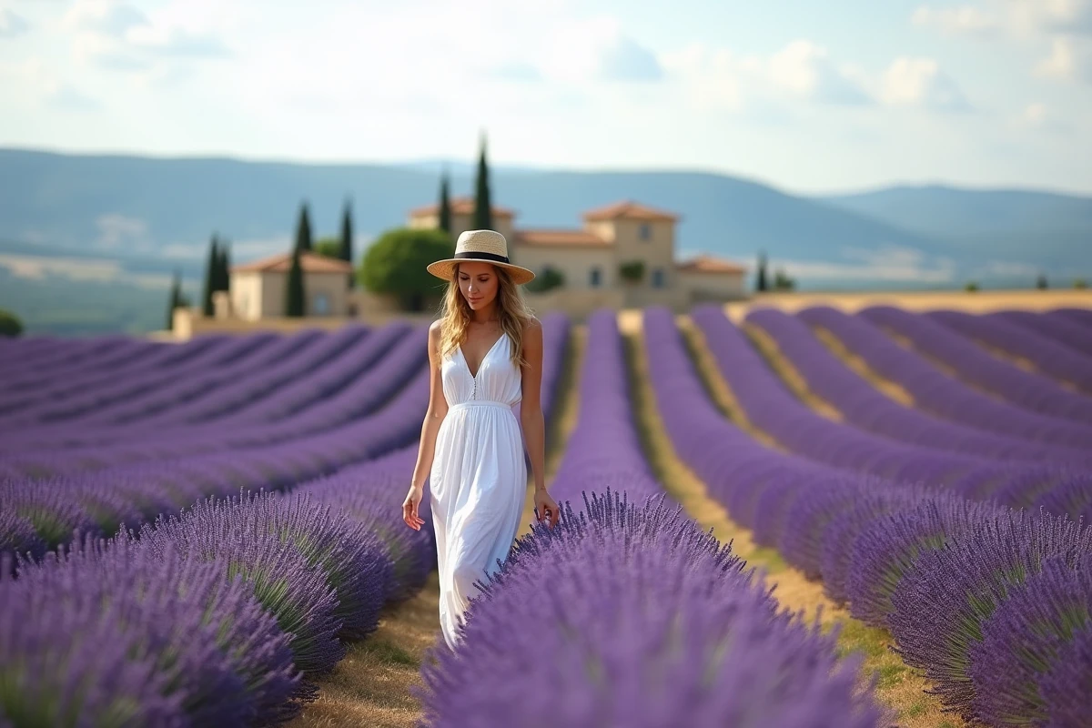 Femme dans une robe blanche se promenant au bord d'un champ de lavande en fleurs dans le Luberon, Vaucluse, Provence