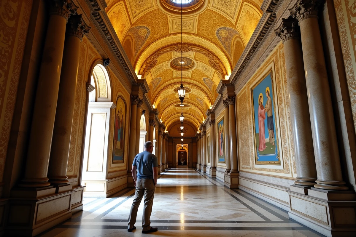 Intérieur de la Chapelle Palatine au Palais des Normands avec mosaïques byzantines dorées et touriste en contemplation