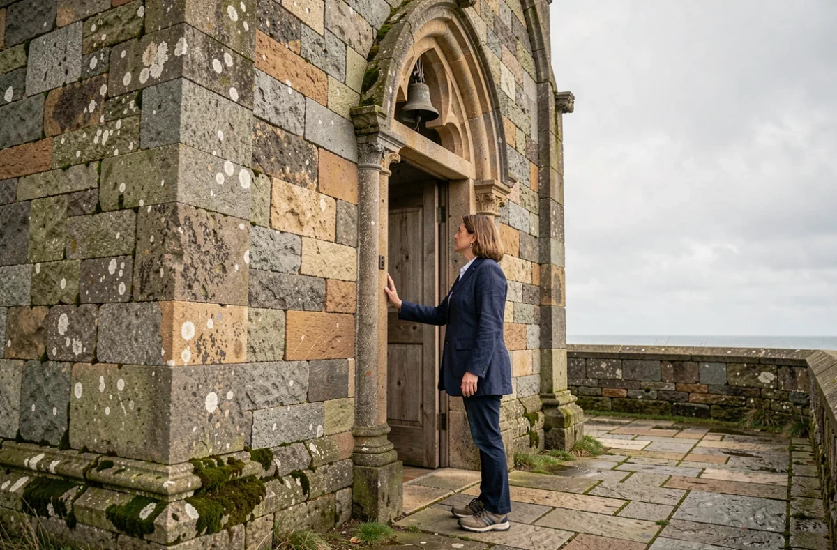 Femme visitant la chapelle romane de Saint-Cado en Bretagne, détails en granit breton et architecture médiévale authentique