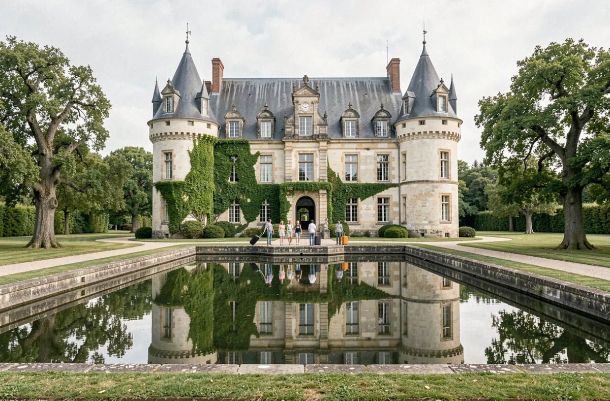 Façade du Château de Grésillon en Maine-et-Loire, gîte de groupe avec son architecture médiévale, ses tourelles et ses douves entourées de verdure