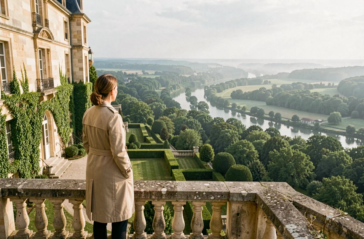 Femme contemplant la vue panoramique sur la vallée de la Loire depuis la terrasse en pierre du Château de Pray