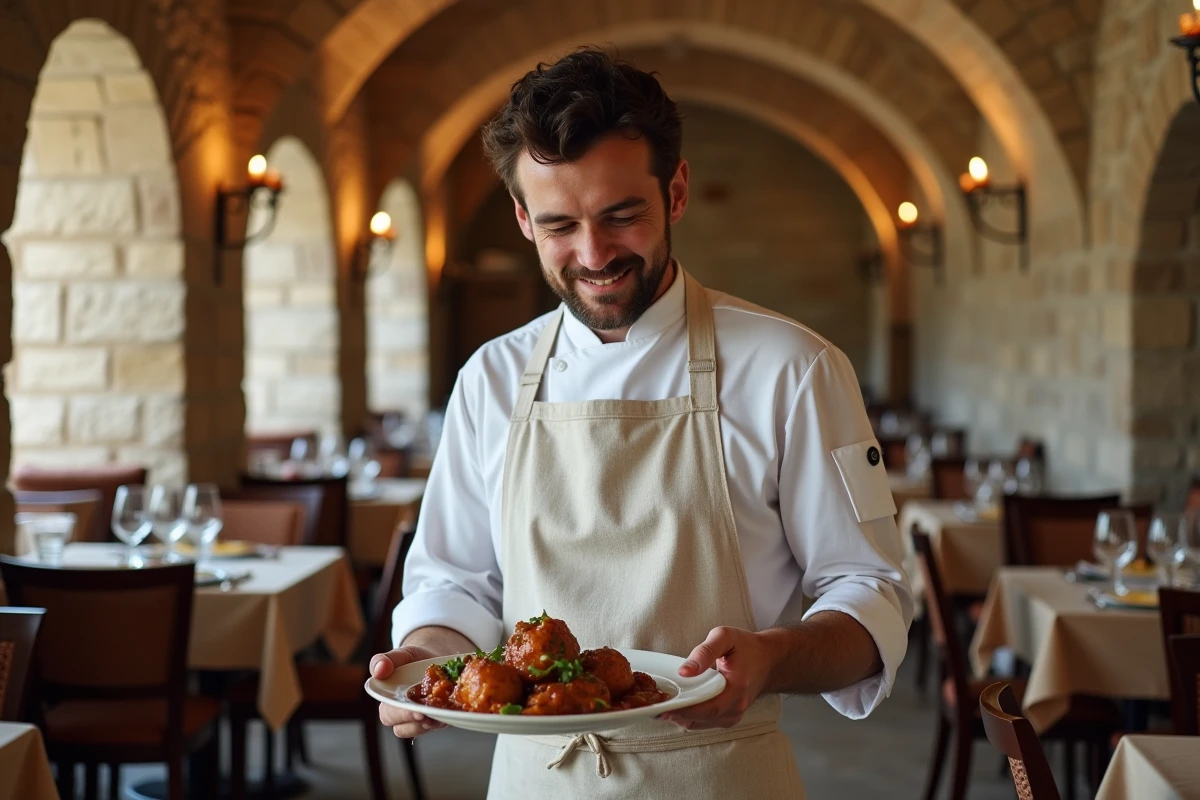 Chef cuisinier préparant un cassoulet traditionnel dans un restaurant médiéval voûté en pierre en région Languedoc