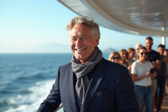 Célébrité en blazer sur le pont du bateau de croisière
