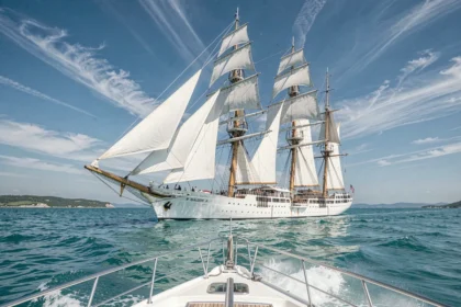 Le Club Med 2, voilier de croisière à cinq mâts, naviguant en mer Méditerranée avec ses voiles déployées