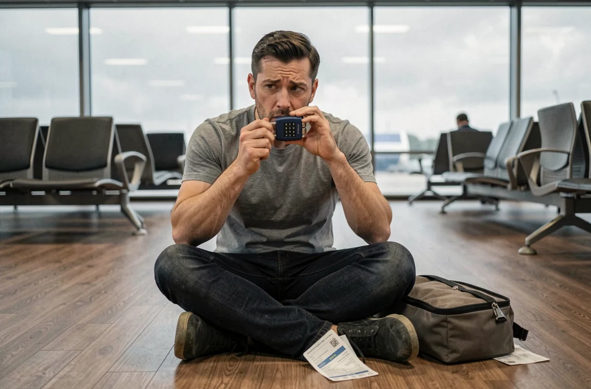 Homme examinant un cadenas TSA bloqué sur le sol d'un terminal d'aéroport