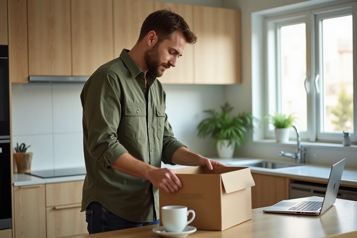Homme comparant deux box voyageuses abonnement sur un comptoir de cuisine moderne avec ordinateur portable ouvert