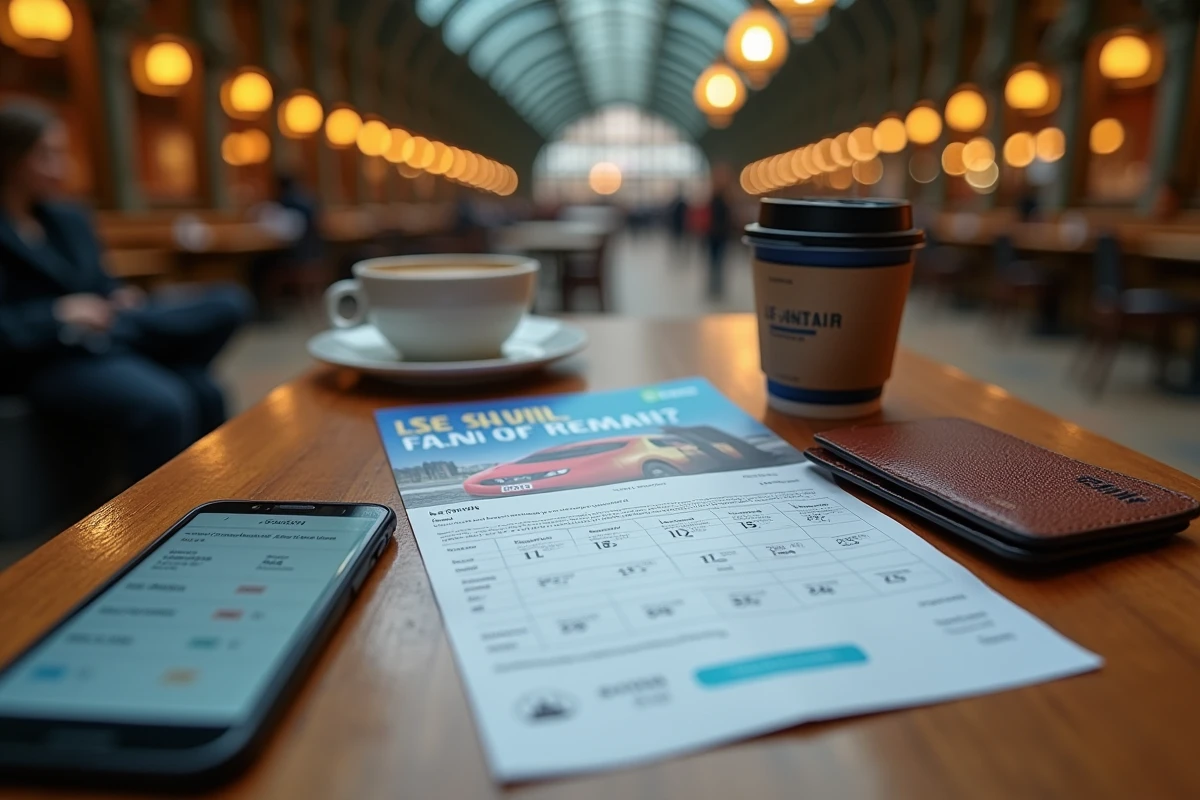 Comparaison des prix Eurostar et Le Shuttle avec billets, brochure tarifaire et smartphone posés sur une table à la gare de St Pancras à Londres