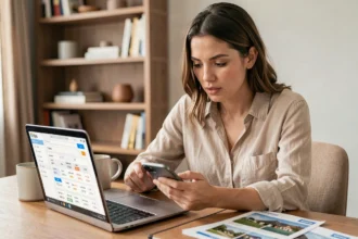 Femme comparant des prix de vols sur ordinateur portable et smartphone à son bureau à domicile