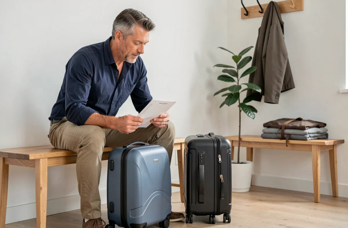 Homme comparant deux valises cabine compactes chez lui avant un voyage en avion