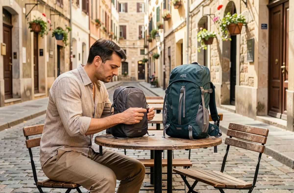 Comparaison de deux sacs à dos de voyage différents volumes posés sur un banc de café en ville