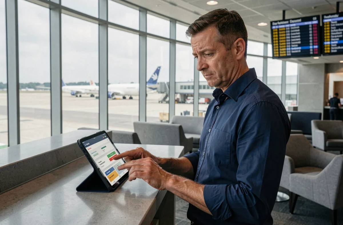 Homme consultant un comparateur de vols sur tablette dans un salon d'aéroport moderne