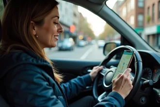 Conductrice utilisant une application de navigation GPS en voiture pour éviter les embouteillages en ville