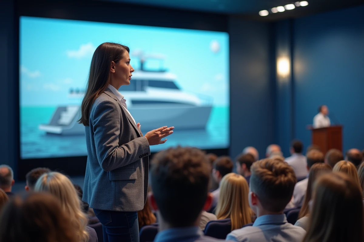 Architecte navale donnant une conférence sur l'innovation nautique au Salon de Paris 2026