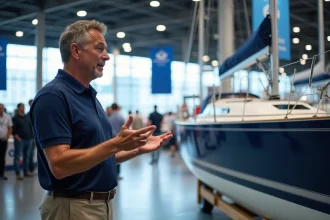 Conférencier présentant un voilier au Salon du nautisme de Paris 2026