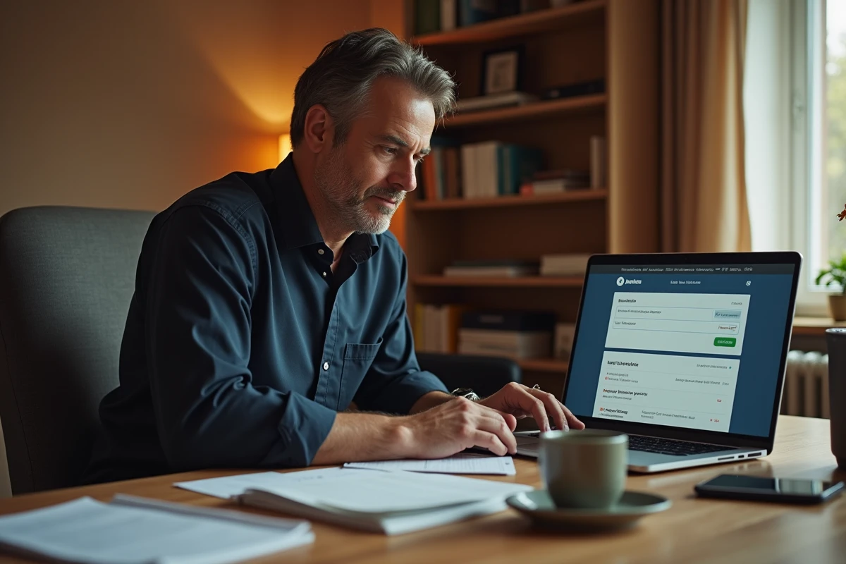 Homme consultant les conditions d'assurance et de litige sur le site Get Your Guide depuis son bureau à domicile