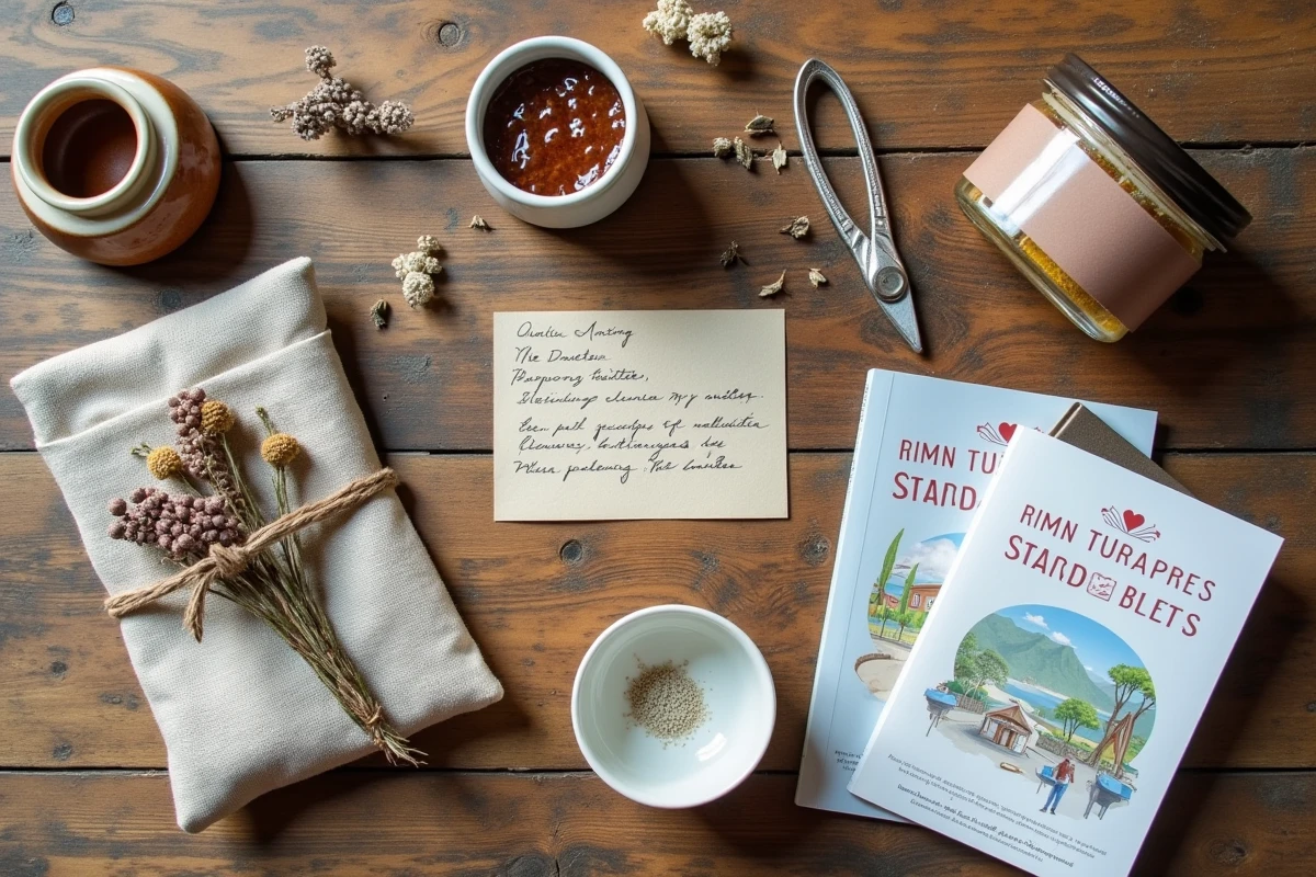 Contenu d'une box voyage abonnement en vue à plat avec produits régionaux artisanaux sur table en bois rustique