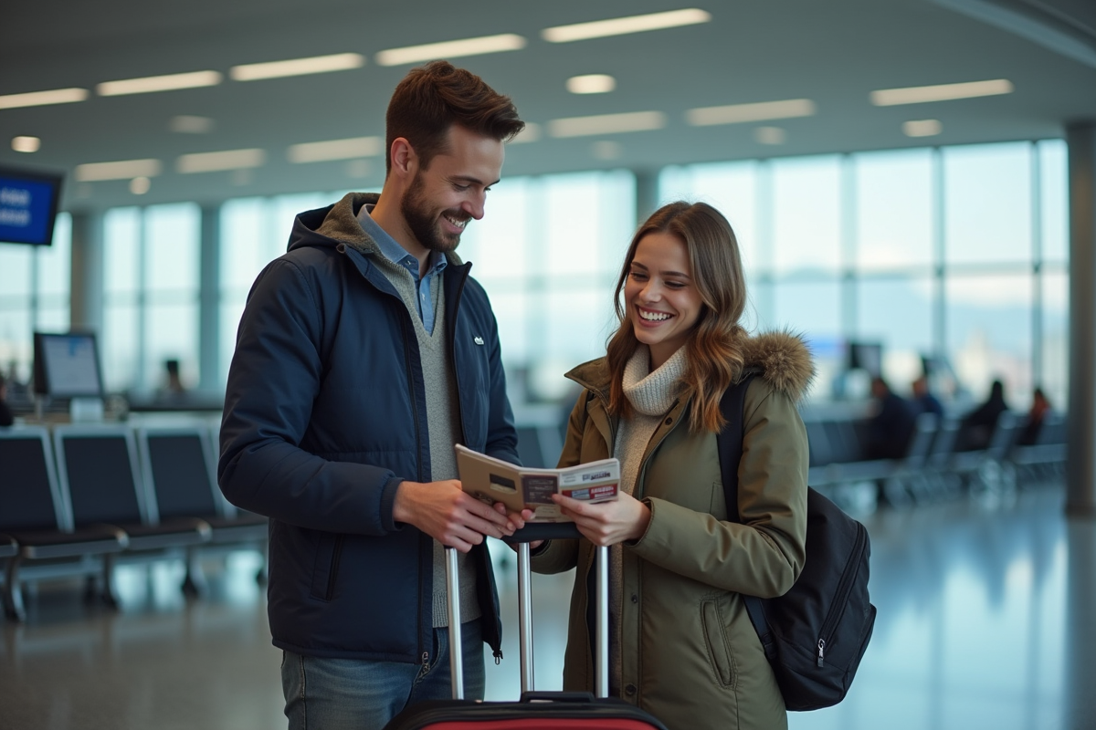 Jeune couple à l'aéroport réservant un vol Air France avec des bons de voyage