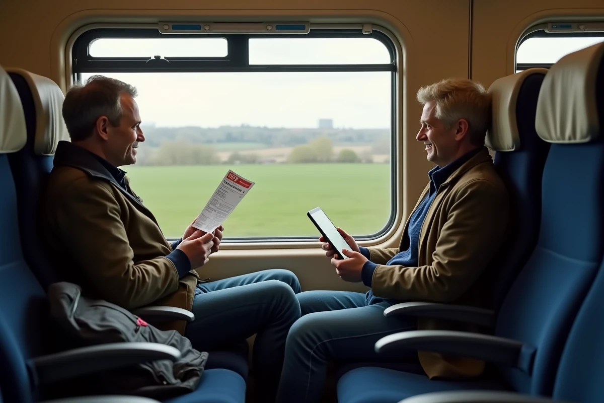 Couple comparant les offres Eurostar sur tablette à bord du train dans le tunnel sous la Manche avec billet en main