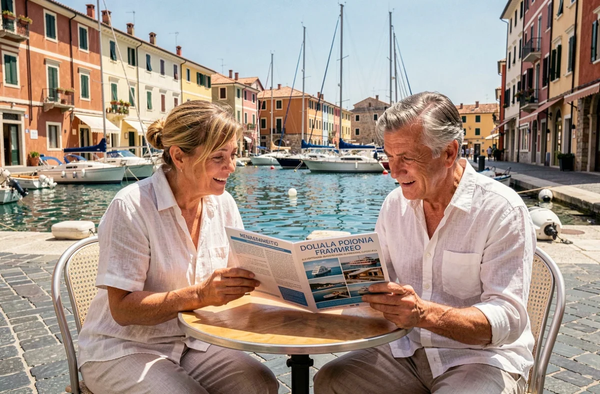 Couple consultant une brochure de croisière en italien dans un port méditerranéen ensoleillé