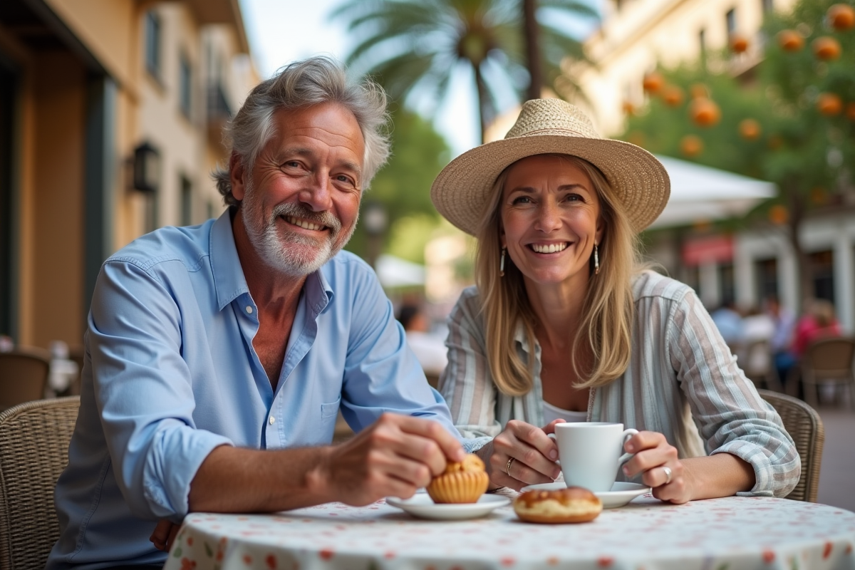 Couple au café dans une place espagnole en plein air