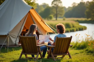 Jeune couple en randonnée devant une tente en pleine nature