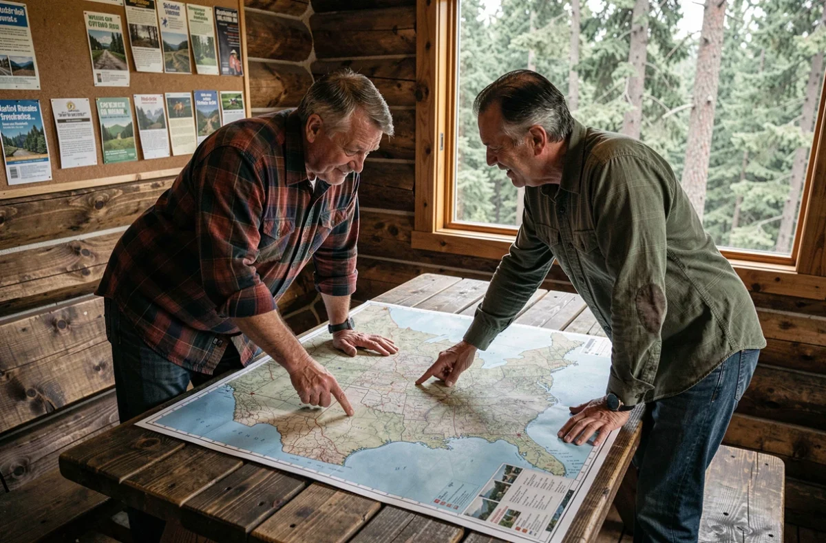 Couple étudiant une carte des États-Unis sur une table dans un centre de visiteurs de parc national