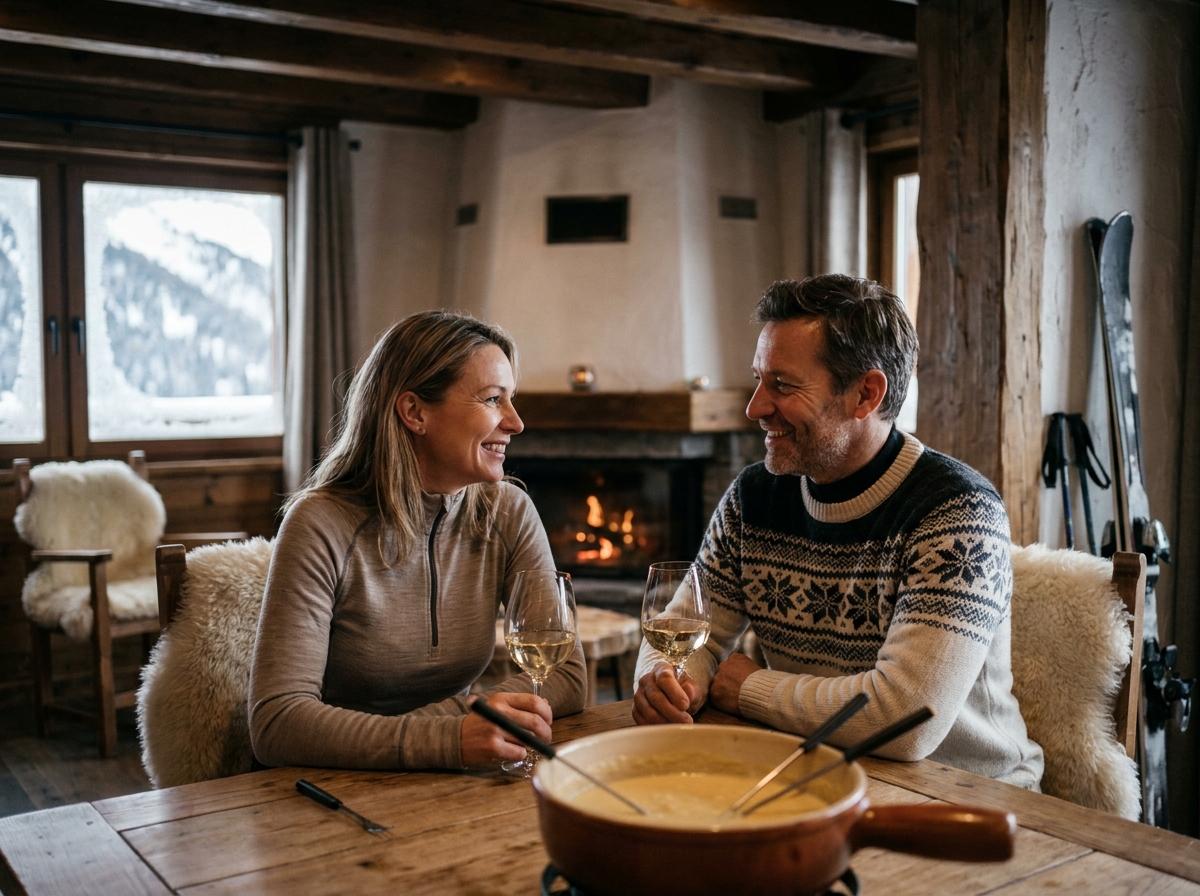 Couple savourant une fondue savoyarde dans l'intérieur chaleureux d'un chalet de location aux Alpes du Sud